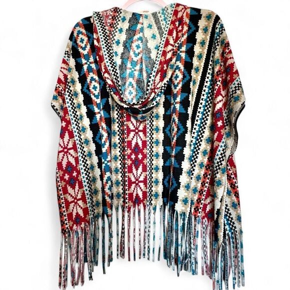 Colorful Hooded (L/XL) Oversized Fringe Printed Shawl / Open Poncho - Large Extr - Picture 1 of 5